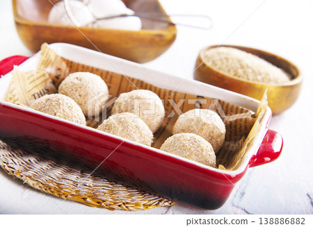 Rounded bread dough balls prepared for baking Rounded bread dough balls prepared for baking 138886882