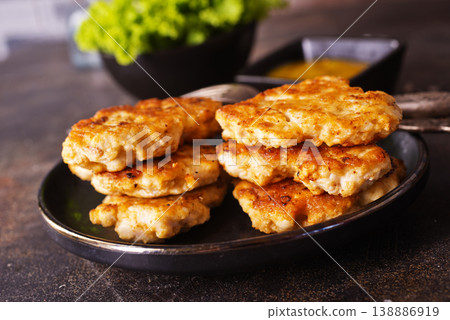 fried chicken cutlets in dark bowl 138886919