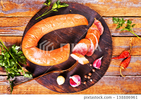 Homemade sausages of pork smoked and dried Homemade sausages of pork smoked and dried 138886961