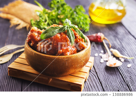 Meatballs in red chipotle chili and tomato sauce, 138886986