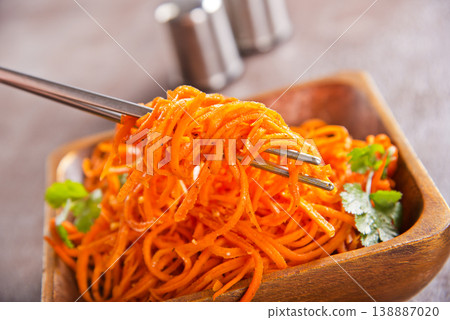 Carrot salad. French Grated Carrot Salad. Shredded carrot with garlic and black pepper 138887020