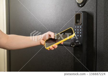 Modern smart door lock with digital keypad and keyless entry via smartphone. Modern smart door lock with digital keypad and keyless entry via smartphone. 138887224