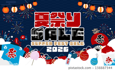 Summer festival sale ad background template (blue) decorated with fireworks and lanterns. Summer festival sale ad background template (blue) decorated with fireworks and lanterns. 138887344