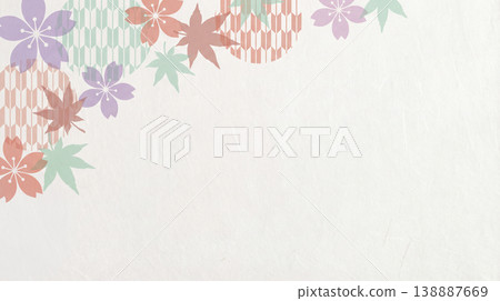 A background material made of Japanese paper featuring pastel-colored cherry blossoms, maple leaves, and arrow feather patterns. 138887669
