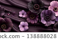 A luxurious and elegant background material featuring purple and black flowers and water droplets. 138888028
