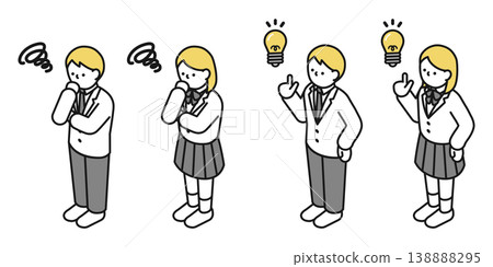Isometric illustration: A man and a woman coming up with an idea; a man and a woman thinking (high school students) Isometric illustration: A man and a woman coming up with an idea; a man and a woman thinking (high school students) 138888295