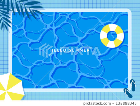 Summer Pool Water Background with Ripples, Lifebuoy and Palm Leaves 138888343
