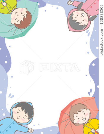 A frame featuring children in raincoats and holding umbrellas; rainy season; rainy day. 138888503