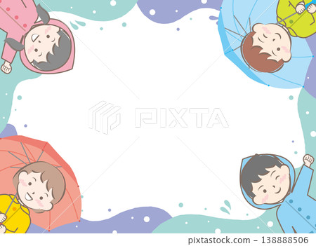 A frame featuring children in raincoats and holding umbrellas; rainy season; rainy day. 138888506