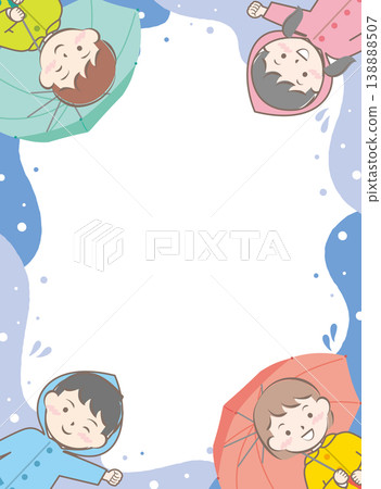 一幅畫面,描繪了穿著雨衣、撐傘的孩子們;雨季;雨天。 一幅畫面,描繪了穿著雨衣、撐傘的孩子們;雨季;雨天。 138888507