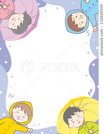 A frame featuring children in raincoats and holding umbrellas; rainy season; rainy day. A frame featuring children in raincoats and holding umbrellas; rainy season; rainy day. 138888509