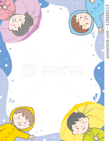 一幅畫面，描繪了穿著雨衣、撐傘的孩子們；雨季；雨天。 138888513
