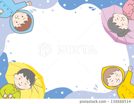 一幅畫面，描繪了穿著雨衣、撐傘的孩子們；雨季；雨天。 138888514