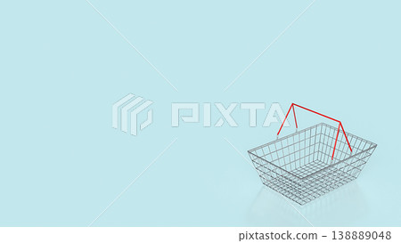 Minimalist Wire Shopping Basket With Red Handles Isolated On Blue Background 3d render. Minimalist Wire Shopping Basket With Red Handles Isolated On Blue Background 3d render. 138889048