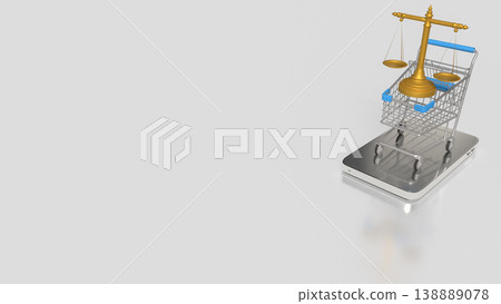 Online Shopping Legal Balance Concept With Scales And Digital Cart 3d render. 138889078