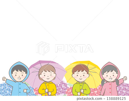 Children in raincoats holding umbrellas and a frame of hydrangeas Children in raincoats holding umbrellas and a frame of hydrangeas 138889125