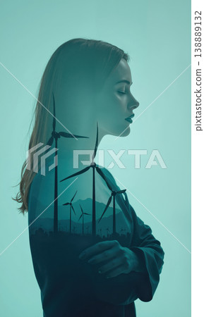 A graceful businesswoman in teal, with transparent wind turbines forming her silhouette, symbolizing sustainable innovation, forward motion, and leadership 138889132