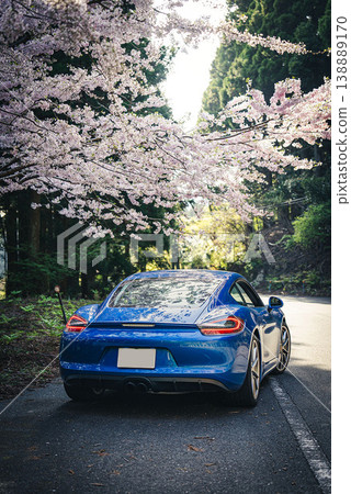 Cherry blossoms and a blue sports car 138889170