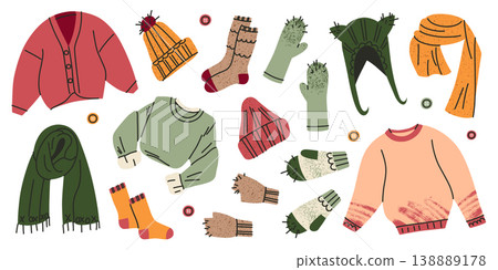 Warm winter clothing doodle set, cute hand drawn sweaters, cardigans, scarves, hats, socks and mittens. Cozy autumn and winter wardrobe textured vector illustration with grainy texture Warm winter clothing doodle set, cute hand drawn sweaters, cardigans, scarves, hats, socks and mittens. Cozy autumn and winter wardrobe textured vector illustration with grainy texture 138889178