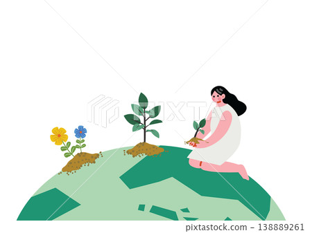 Illustration of a woman planting plants Illustration of a woman planting plants 138889261
