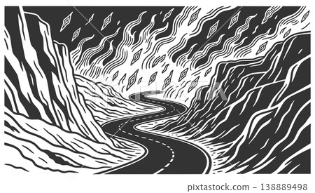 Winding Road Through Canyon Under Fiery Sky Winding Road Through Canyon Under Fiery Sky 138889498