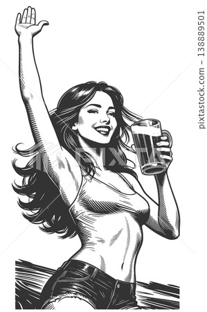 Woman Enjoying Cold Beer Drink engraving raster Woman Enjoying Cold Beer Drink engraving raster 138889501