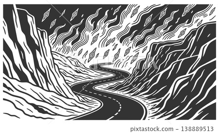 Winding Road Through Canyon Under Fiery Sky 138889513