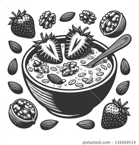 Healthy Oatmeal Bowl with Strawberries and Nuts 138889514