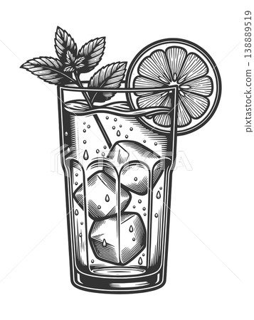 Refreshing Lemon Mint Drink with Ice Illustration 138889519