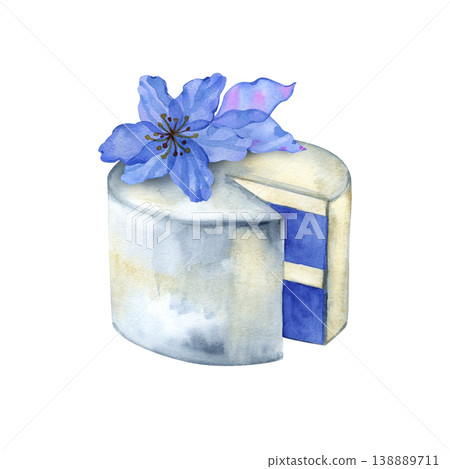 Delicate watercolor hand drawn illustration of a small white cake with an elegant cut piece revealing blue layers. It is decorated with a vibrant, detailed blue flower on top, perfect for a wedding. Delicate watercolor hand drawn illustration of a small white cake with an elegant cut piece revealing blue layers. It is decorated with a vibrant, detailed blue flower on top, perfect for a wedding. 138889711