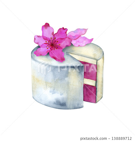 Watercolor hand drawn illustration of a delicious cake with a cut piece and a bright pink cherry blossom on top. Elegant dessert sketch with berry layers, perfect for cafe menus and greeting cards. Watercolor hand drawn illustration of a delicious cake with a cut piece and a bright pink cherry blossom on top. Elegant dessert sketch with berry layers, perfect for cafe menus and greeting cards. 138889712