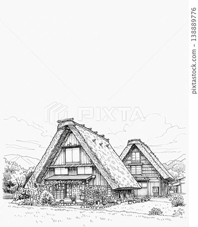 A watercolor painting depicting a journey through a Gassho-zukuri village, featuring a shrine gate and fresh greenery. 138889776