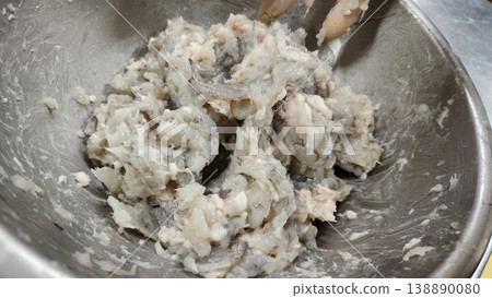 Fresh Ground Raw Shrimp Paste in Stainless Steel Bowl for Cooking Preparation Fresh Ground Raw Shrimp Paste in Stainless Steel Bowl for Cooking Preparation 138890080