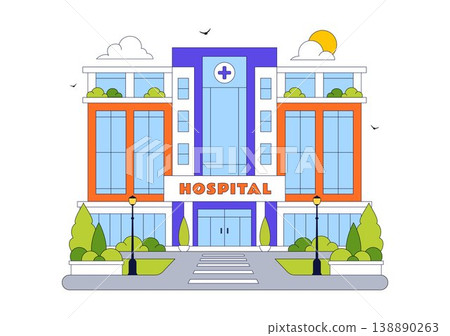 Hospital Building Vector Illustration Featuring Modern Healthcare Facility With Emergency Ambulance and Medical Center Exterior Design 138890263