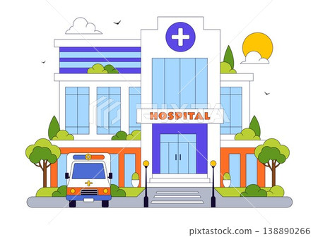 Hospital Building Vector Illustration Featuring Modern Healthcare Facility With Emergency Ambulance and Medical Center Exterior Design 138890266