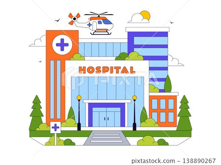Hospital Building Vector Illustration Featuring Modern Healthcare Facility With Emergency Ambulance and Medical Center Exterior Design 138890267
