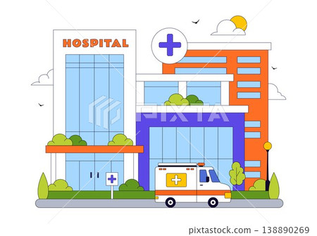 Hospital Building Vector Illustration Featuring Modern Healthcare Facility With Emergency Ambulance and Medical Center Exterior Design 138890269