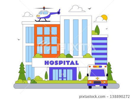 Hospital Building Vector Illustration Featuring Modern Healthcare Facility With Emergency Ambulance and Medical Center Exterior Design 138890272
