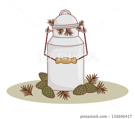 Forest Harvest Of Young Green Pine Cones. Vintage Metal Pail For Wildcrafting And Home Canning. Eco Evergreen Botanical Farmhouse Decor. Vector Illustration. 138890417