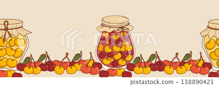 Seamless Border Red, Yellow Cherries, Homemade Jam Jars and Preserves with Fresh Berries. Botanical Fruit Horizontal Kitchen Ribbon. Washi Tape Design Background. Vector Illustration. Artisan canning. Seamless Border Red, Yellow Cherries, Homemade Jam Jars and Preserves with Fresh Berries. Botanical Fruit Horizontal Kitchen Ribbon. Washi Tape Design Background. Vector Illustration. Artisan canning. 138890421