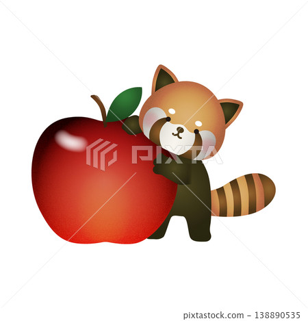 一隻小熊貓倚靠在蘋果上的插圖。可愛的動物和水果。 一隻小熊貓倚靠在蘋果上的插圖。可愛的動物和水果。 138890535