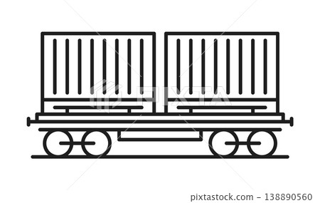 Container shipping wagon, freight transportation railway line icon or symbol. Cargo logistics railway transport symbol, freight railroad industry vector pictogram. Goods shipment thin line icon 138890560