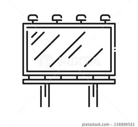 Trade show promo billboard stand display line icon or label. City street promo stand display lineart pictogram, outdoor banner outline vector icon. Trade show presentation billboard sign or symbol 138890581