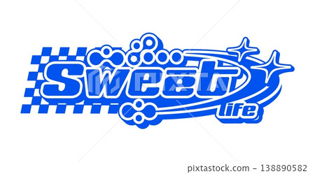 Blue Y2K streetwear sweet life icon or symbol. Streetwear futuristic retro emblem, clothing text vintage isolated vector label element. Brand graphic funky icon or apparel typography Y2K print Blue Y2K streetwear sweet life icon or symbol. Streetwear futuristic retro emblem, clothing text vintage isolated vector label element. Brand graphic funky icon or apparel typography Y2K print 138890582