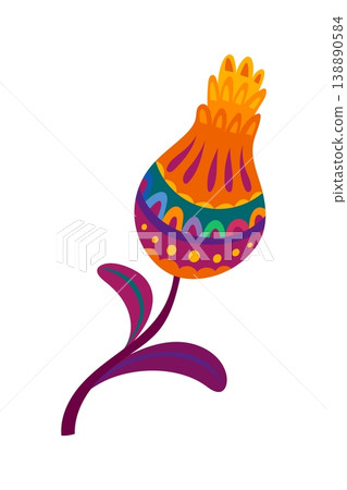Mexican national embroidery colorful flower object with ornate bud and purple leaf. Latin American plant object, Mexican culture folk flower vector decor. Mexico ethnic colorful nature element Mexican national embroidery colorful flower object with ornate bud and purple leaf. Latin American plant object, Mexican culture folk flower vector decor. Mexico ethnic colorful nature element 138890584