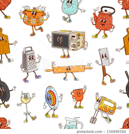 Groovy utensil and cookware characters seamless pattern. Textile seamless pattern with microwave stove, teapot, cutting board and frying pan, water jug, wine glass, rolling pin groovy vector personage Groovy utensil and cookware characters seamless pattern. Textile seamless pattern with microwave stove, teapot, cutting board and frying pan, water jug, wine glass, rolling pin groovy vector personage 138890588