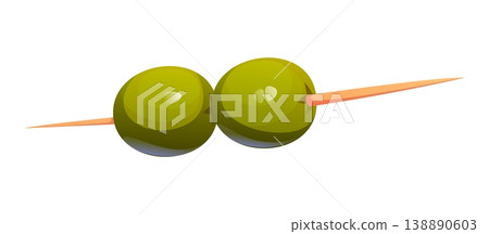 Cartoon green olives on wooden skewer depicting food cooking process and kitchen utensil. Vector snack food, appetizer, Mediterranean cuisine garnish or tapas. Two ripe green olives aligned on stick. Cartoon green olives on wooden skewer depicting food cooking process and kitchen utensil. Vector snack food, appetizer, Mediterranean cuisine garnish or tapas. Two ripe green olives aligned on stick. 138890603
