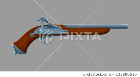Pirate flintlock musket firearm weapon. Vector historical naval weapon with long metal barrel, wooden stock, trigger, and hammer mechanism. Isolated classic antique retro handgun for defense or combat Pirate flintlock musket firearm weapon. Vector historical naval weapon with long metal barrel, wooden stock, trigger, and hammer mechanism. Isolated classic antique retro handgun for defense or combat 138890610