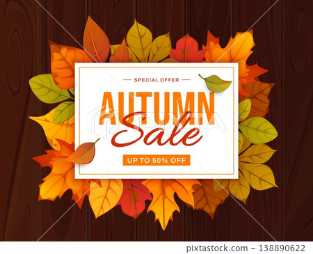Thanksgiving autumn fall banner with season leaves on wooden background, vector sale ad. Autumn sale banner with fall leaves frame for store promotion or shop discount offer promo for price cut Thanksgiving autumn fall banner with season leaves on wooden background, vector sale ad. Autumn sale banner with fall leaves frame for store promotion or shop discount offer promo for price cut 138890622