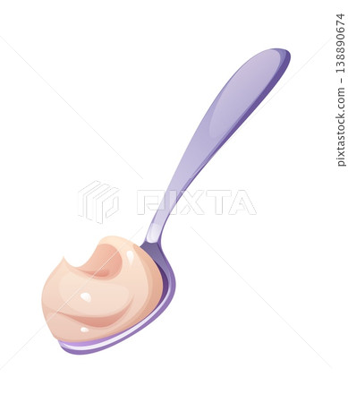 Cartoon spoon with yogurt or cream dollop. Vector cooking process with metal spoon kitchen utensil holding soft creamy dairy swirl in cook food scene with natural fresh ingredient for meal preparation Cartoon spoon with yogurt or cream dollop. Vector cooking process with metal spoon kitchen utensil holding soft creamy dairy swirl in cook food scene with natural fresh ingredient for meal preparation 138890674